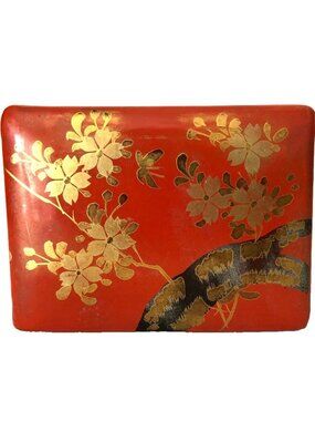 Old Japanese Hand Painted Flower Lacquer on Wood Small Cards Trinket Ciggies Box